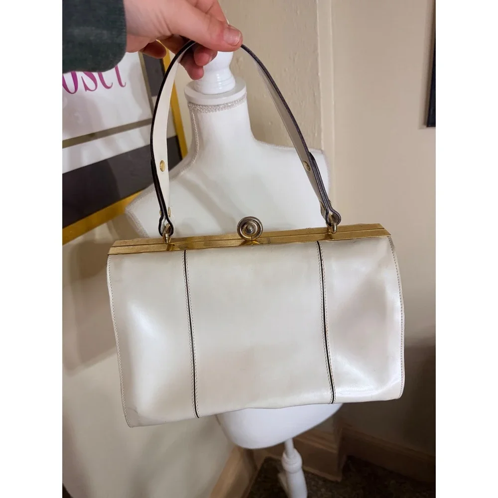 Alberta Di Canio Cream White Leather Frame Handbag Gold Hardware Made in Italy - Picture 2 of 5